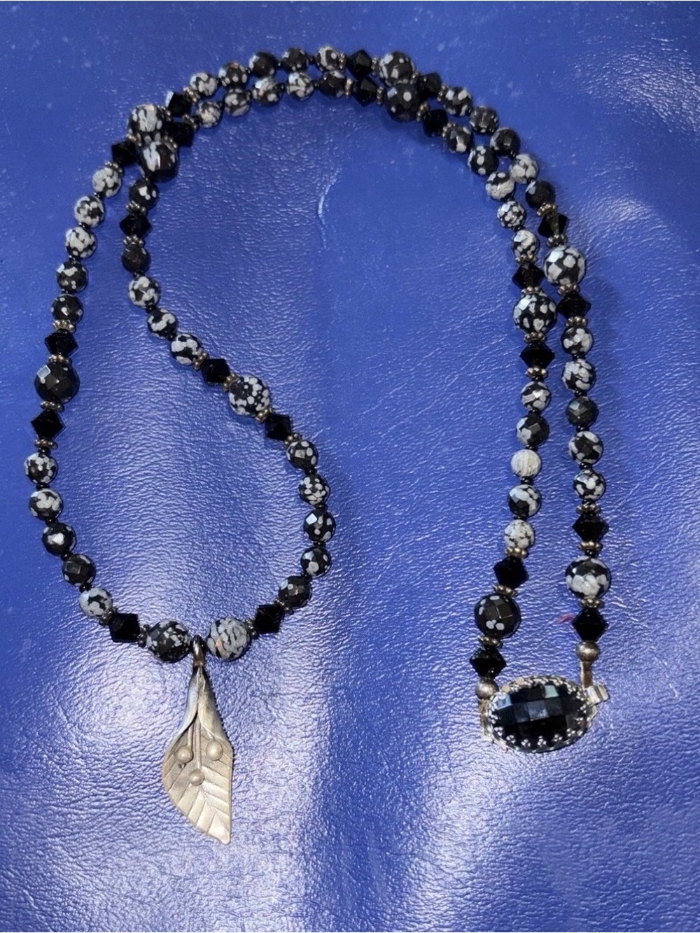 26” Snowflake Obsidian Beaded Necklace with Sterling Silver Leaf Pendant